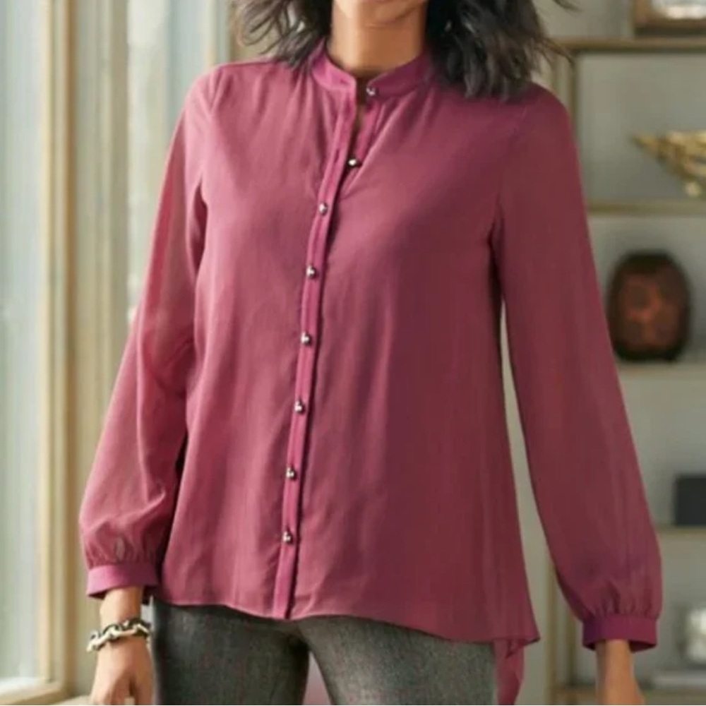 Soft Surroundings Plum Button-Up Blouse – Size Medium, Relaxed Fit